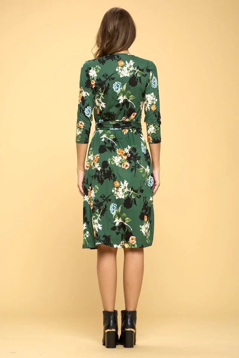 Green floral V-neck knee-length wrap dress by Renee C
