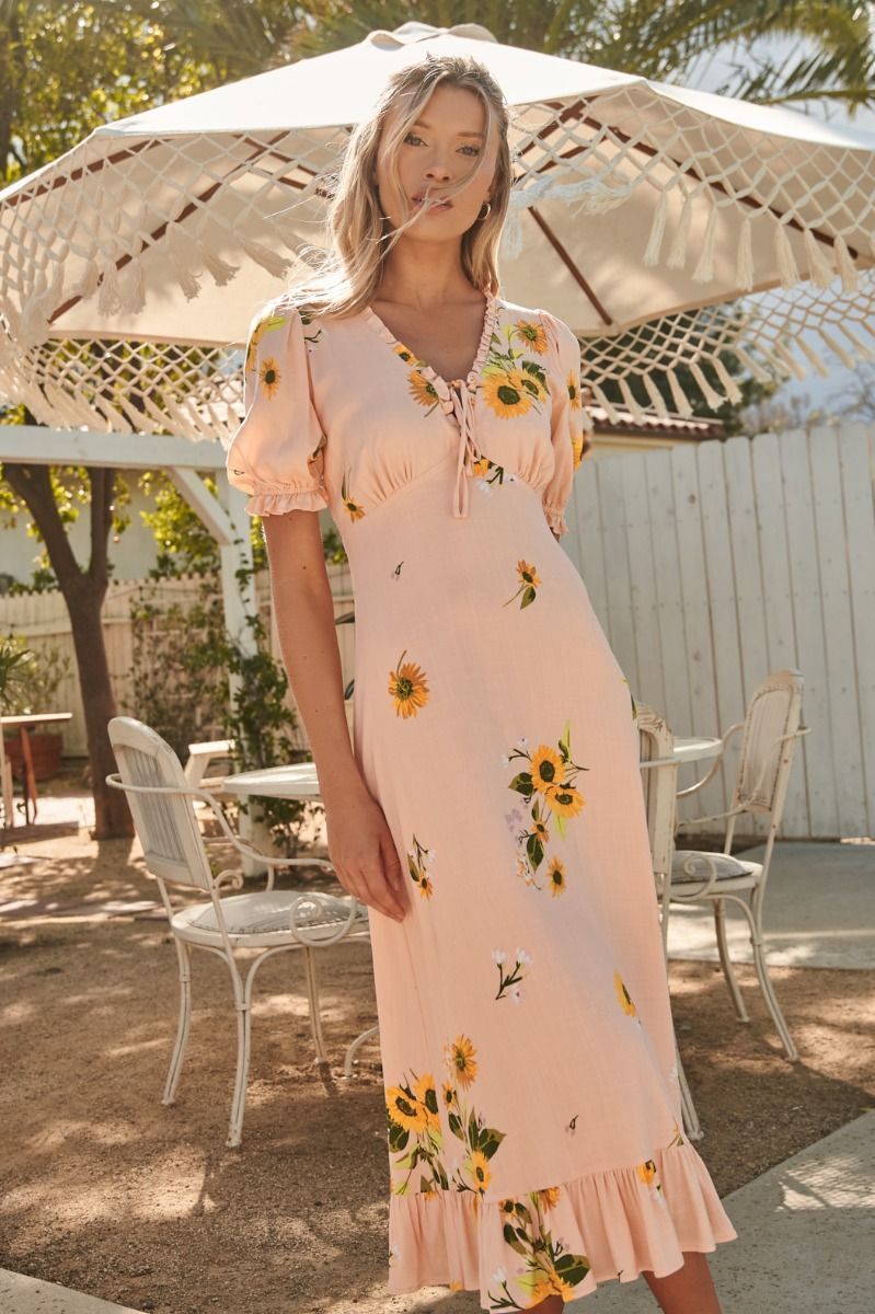 Soft yellow floral midi dress with puff sleeves for spring daytime occasions