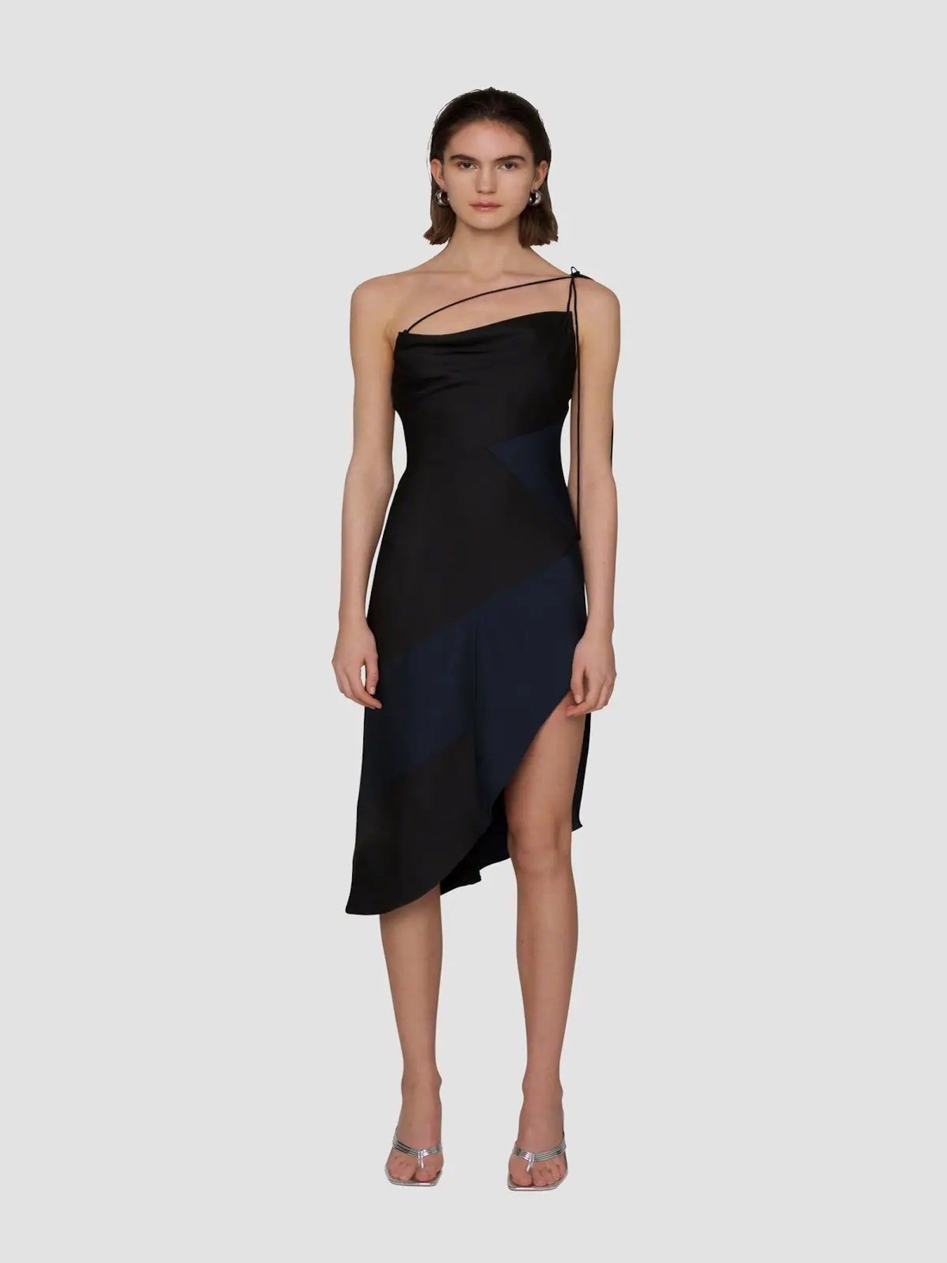 Black and navy colorblock satin asymmetric midi dress with side slit by Amy Lynn