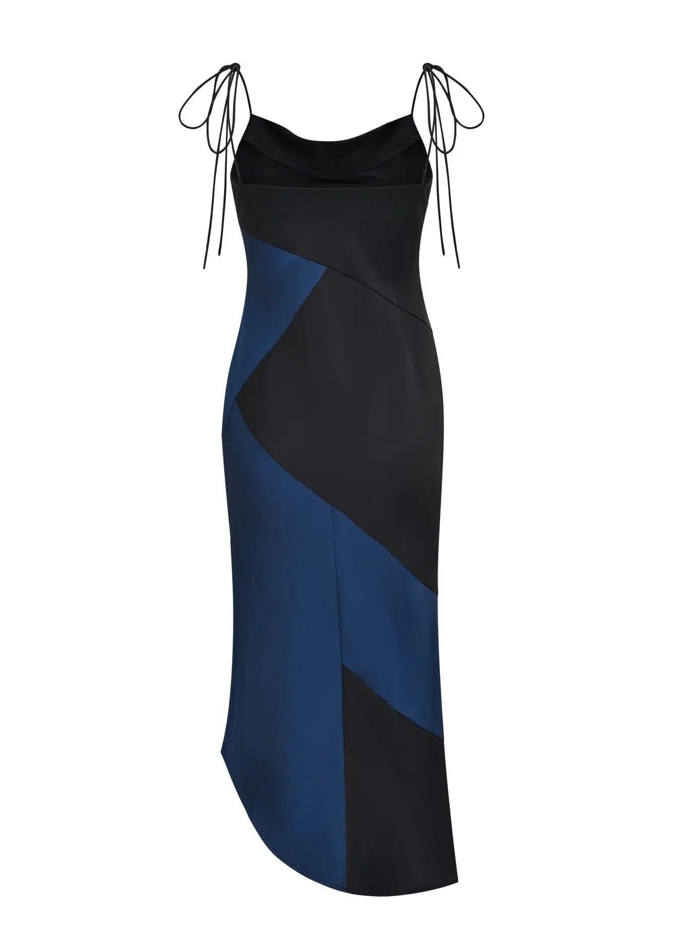 Black and navy satin colorblock midi slip dress with asymmetric neckline and shoulder ties
