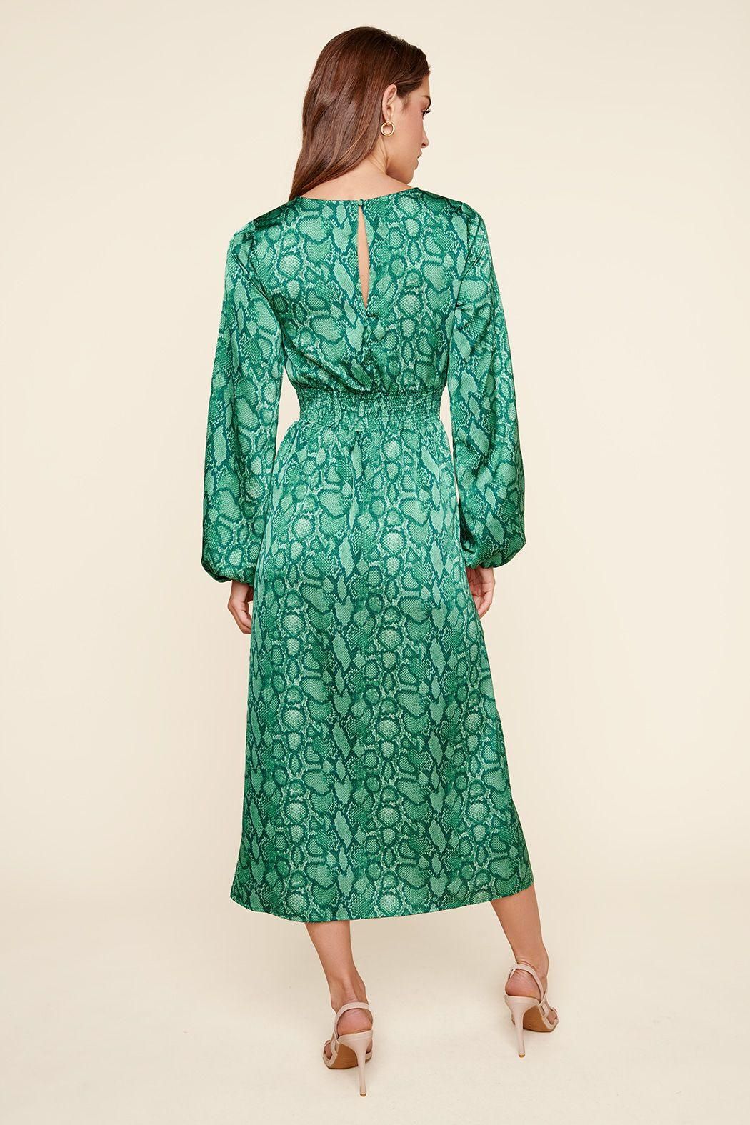 Back view of green snake print midi dress with smocked back waist and keyhole detail