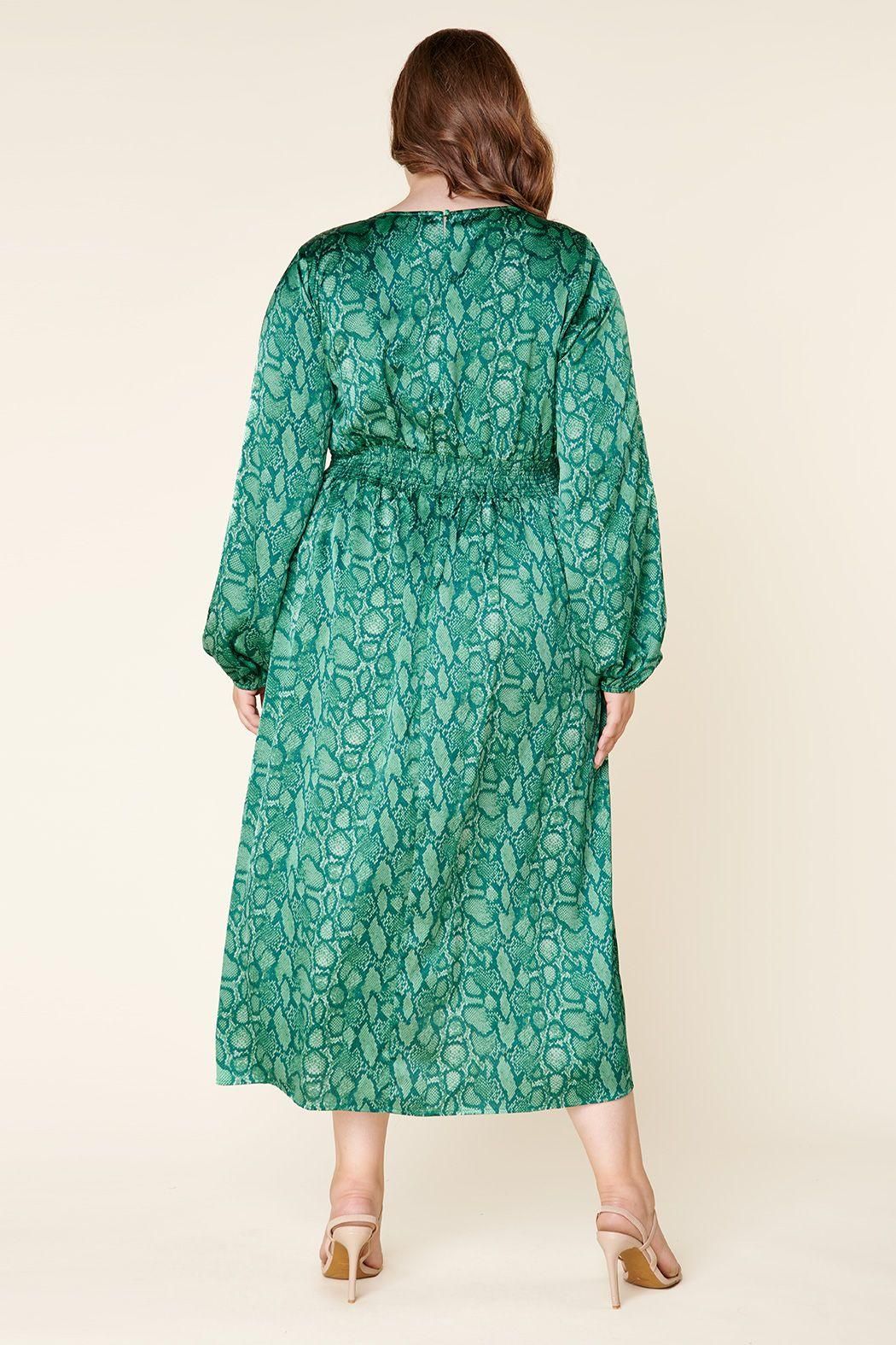 Back view of plus size green snake print midi dress with smocked back waist and keyhole detail