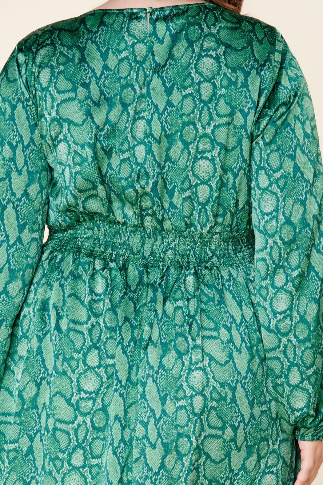 Close-up of green snake print, round neckline, and waist seam on plus size midi dress