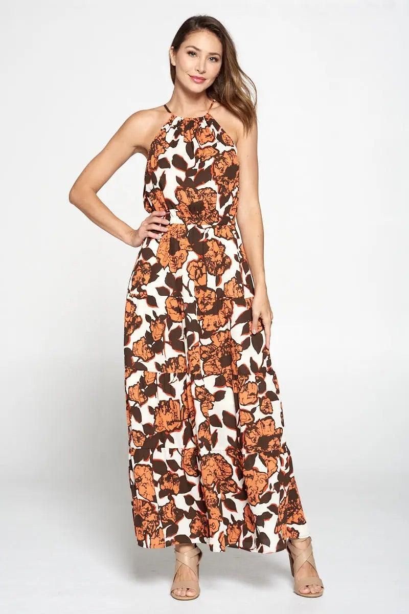 Renee C coral ivory floral halter neck maxi dress with sleeveless full-length silhouette