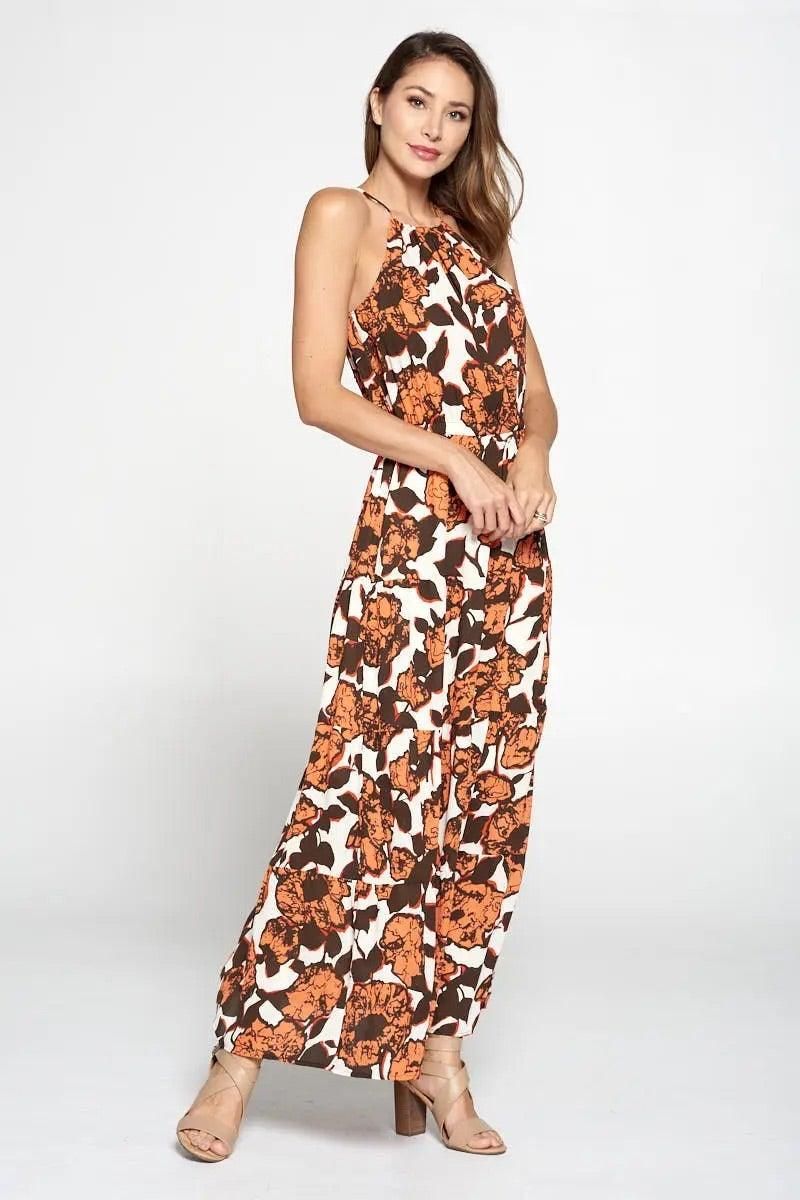 Sleeveless floral maxi dress by Renee C in coral and ivory print