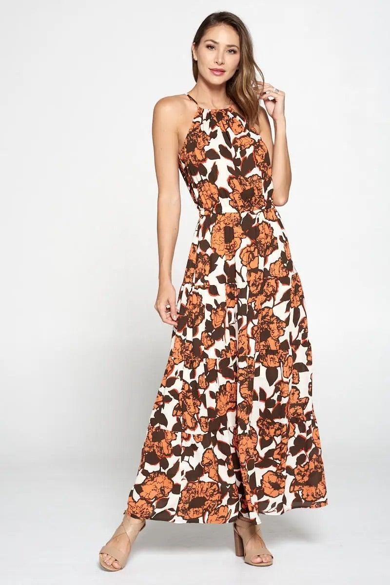 Women’s coral ivory floral maxi dress with halter neckline
