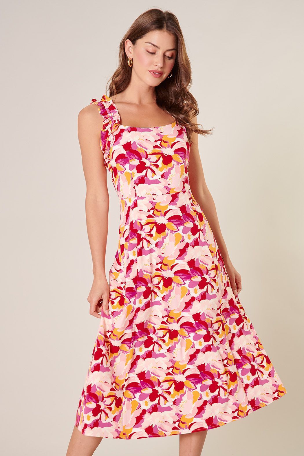 Pink floral ruffle strap midi dress with square neckline front view