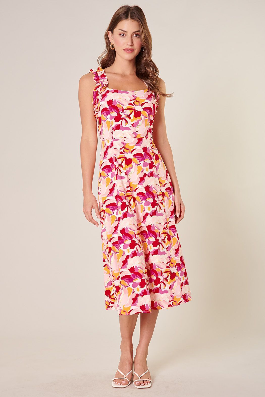 Pink floral square neck midi dress with feminine flared silhouette