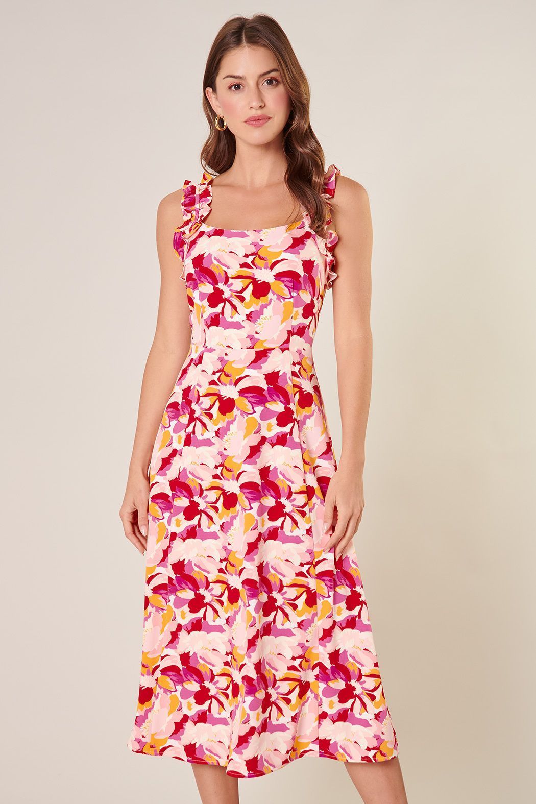 Pink floral midi dress with square neckline and bright summer print