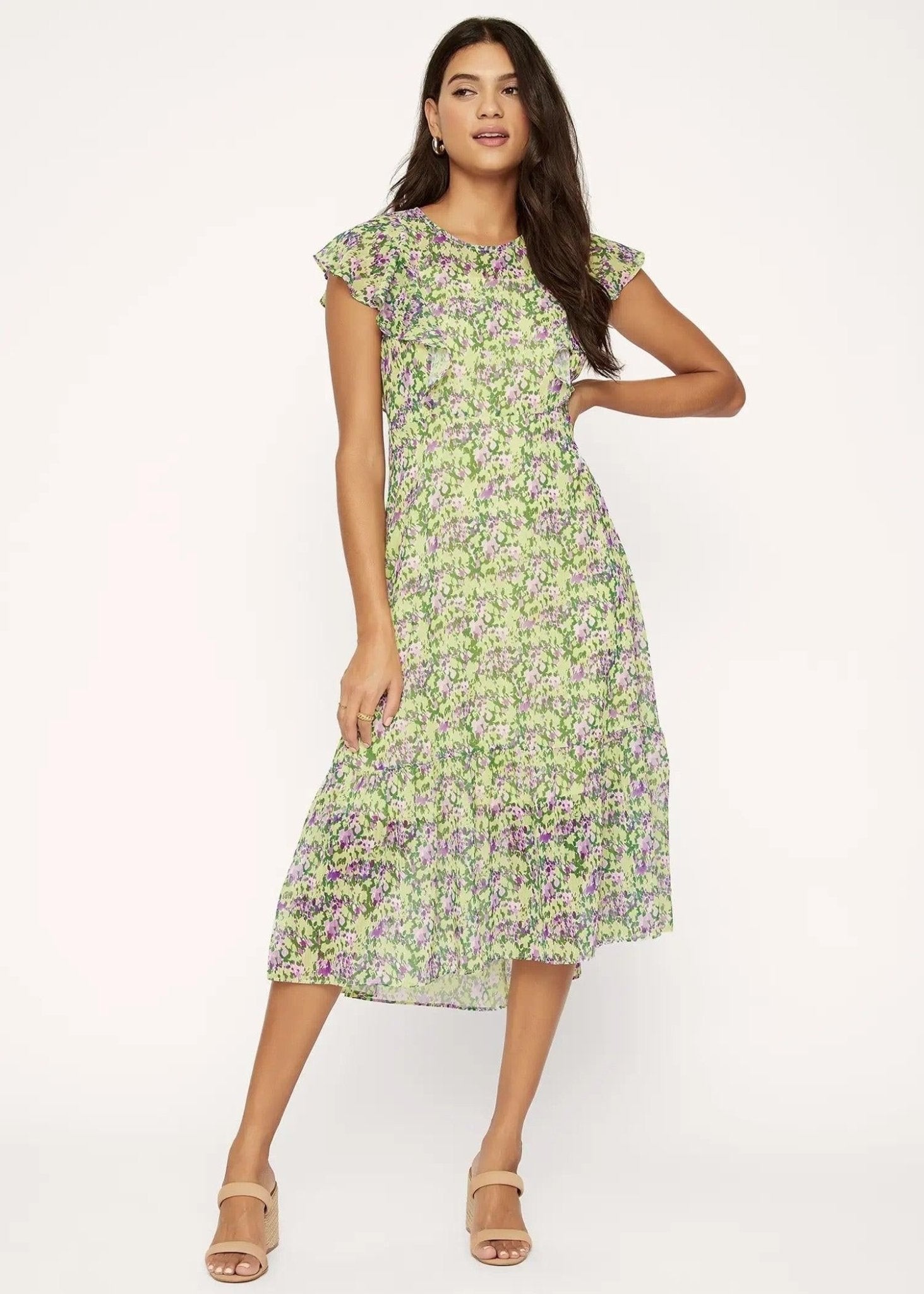  Lost + Wander floral midi dress showing flutter sleeves and flowy midi length