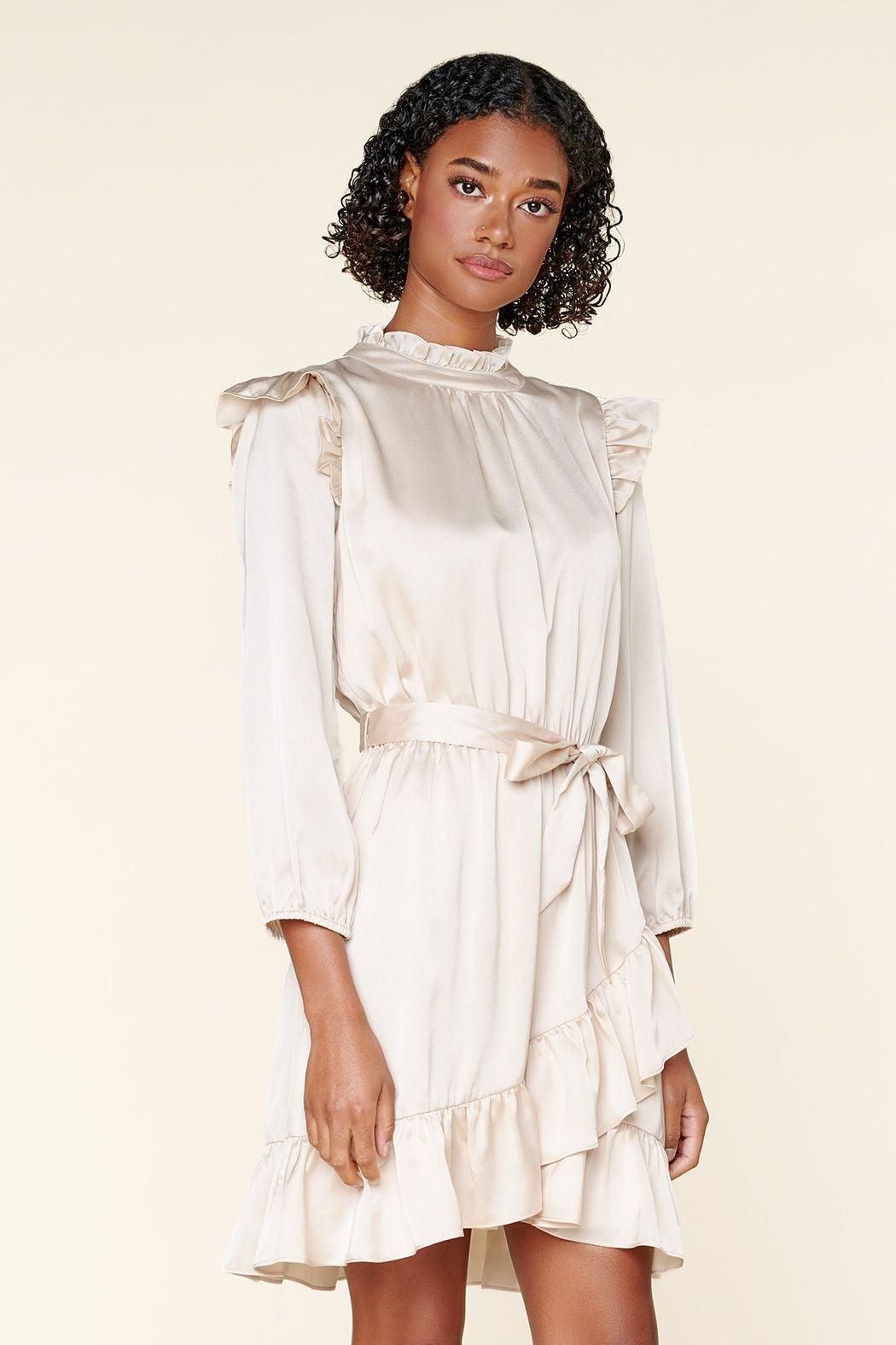 Champagne satin asymmetrical flounce mini dress with balloon sleeves front view
