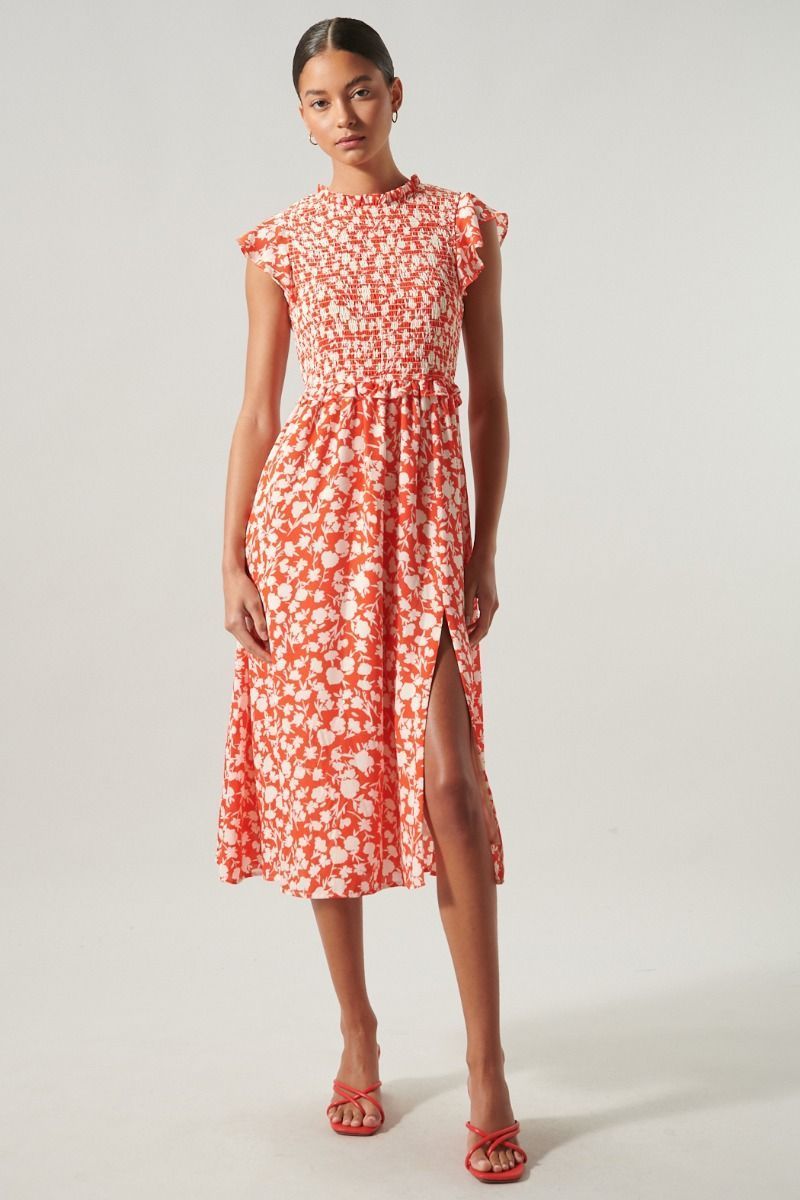 Cherry red floral smocked midi dress with high ruffle neckline and front slit front view