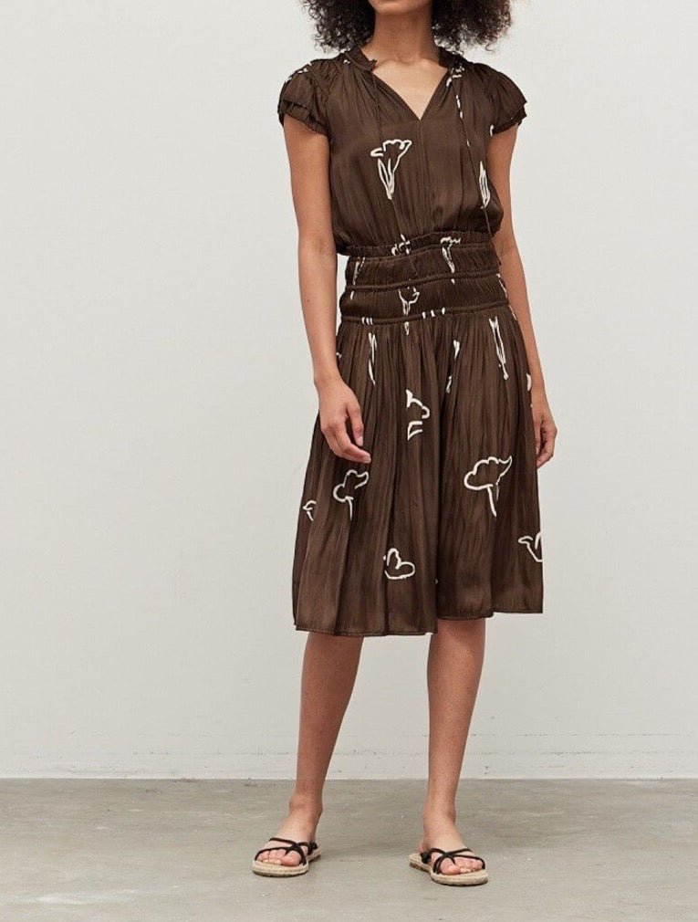 Bark satin painted floral flutter sleeve midi dress with V-neck