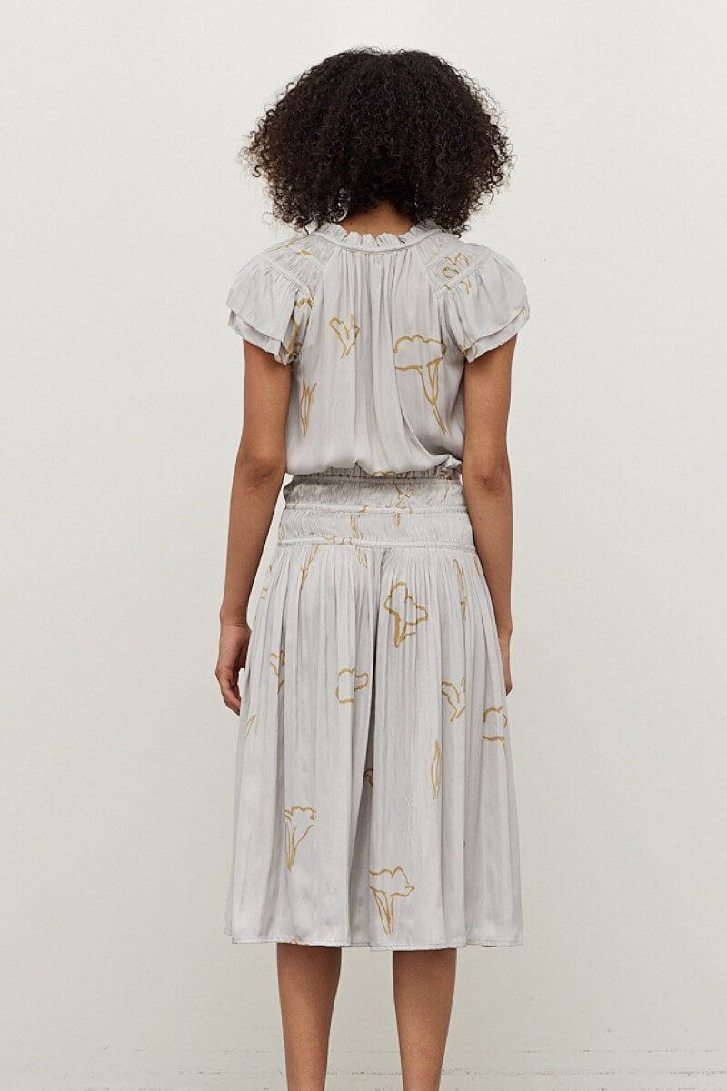 Back view of Mist painted floral midi dress