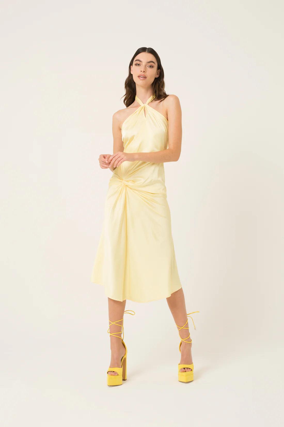 Women’s butter yellow satin occasion midi dress with halter neckline and draped waist