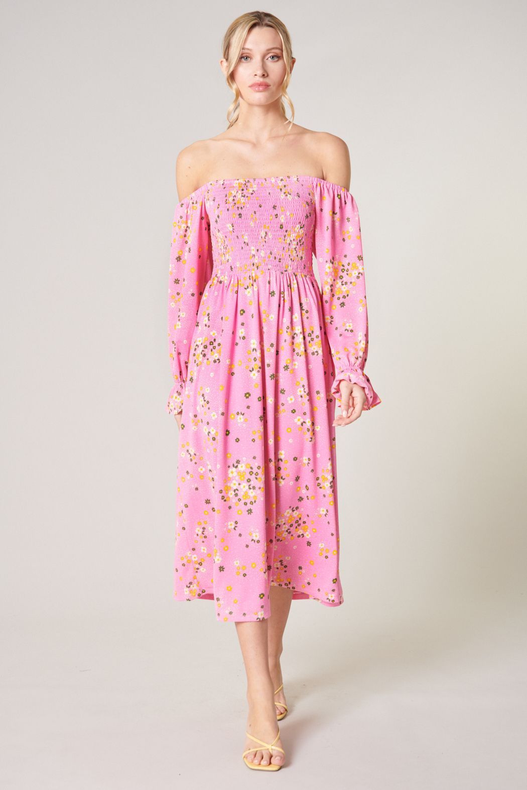 Pink floral off-shoulder smocked midi dress with long poet sleeves front view