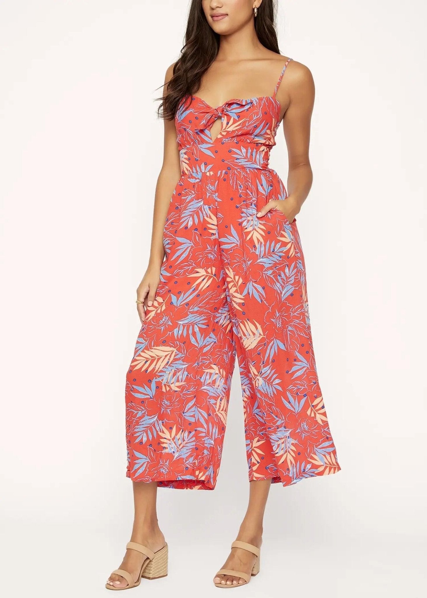 Lost + Wander Still on Vacay wine multicolor wide-leg jumpsuit with spaghetti straps