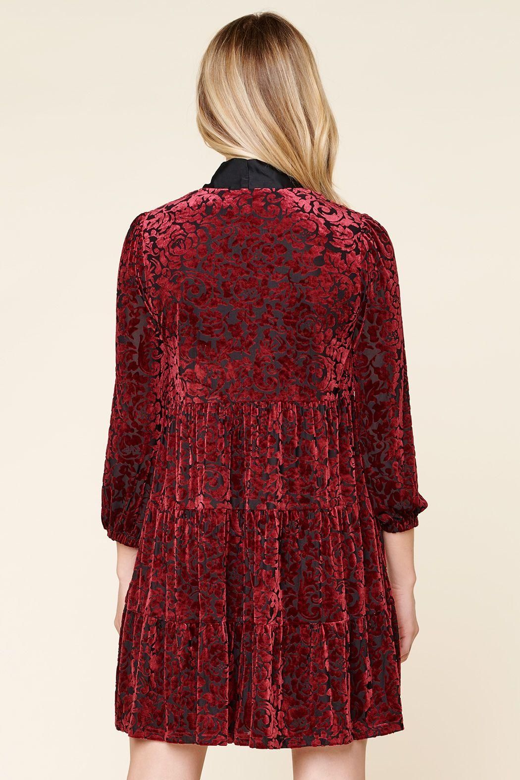 Sweet as a Rose Tie Neck Velvet Tiered Dress - BTK COLLECTIONS