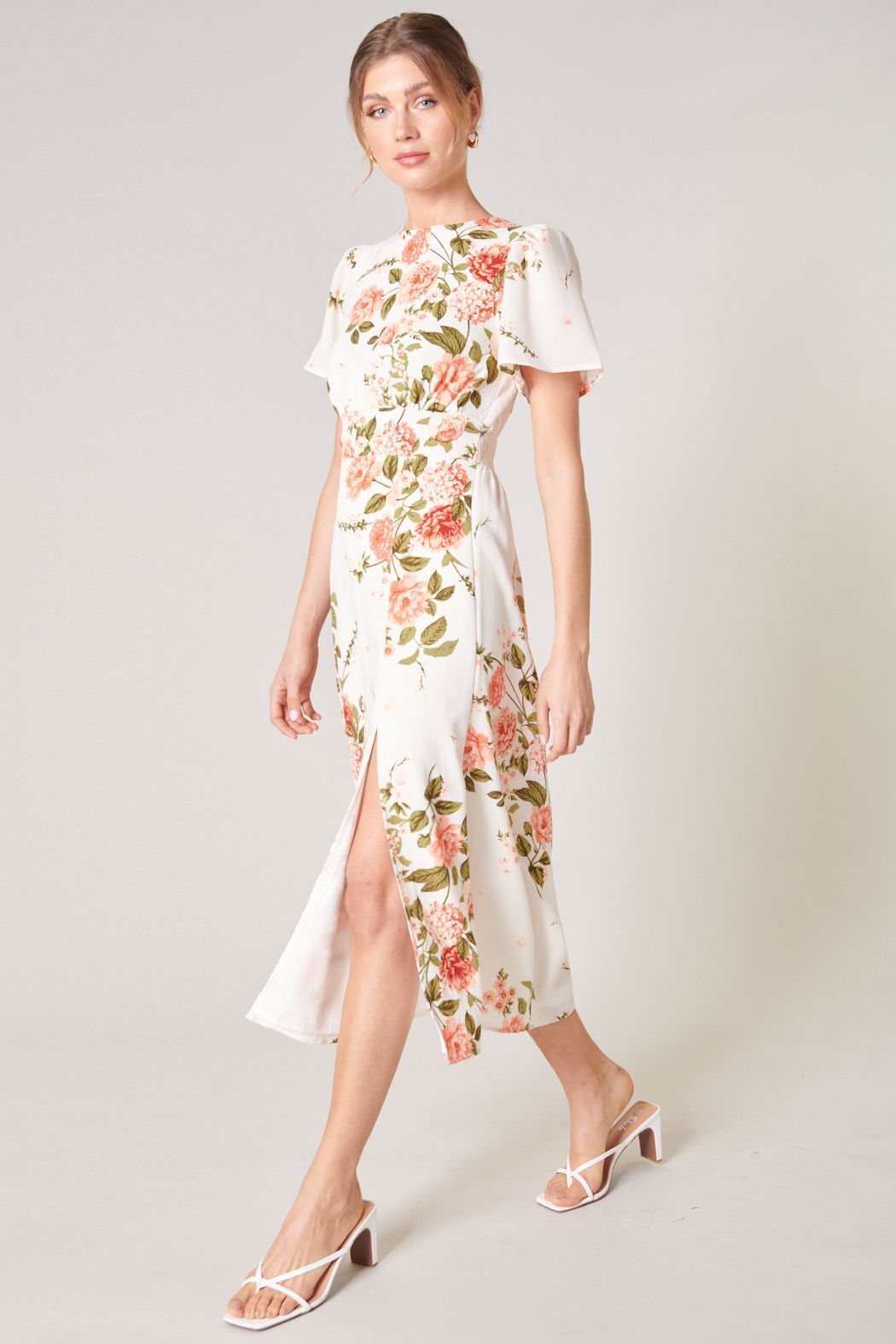 Ivory pink floral midi dress with flutter sleeves and slim straight silhouette