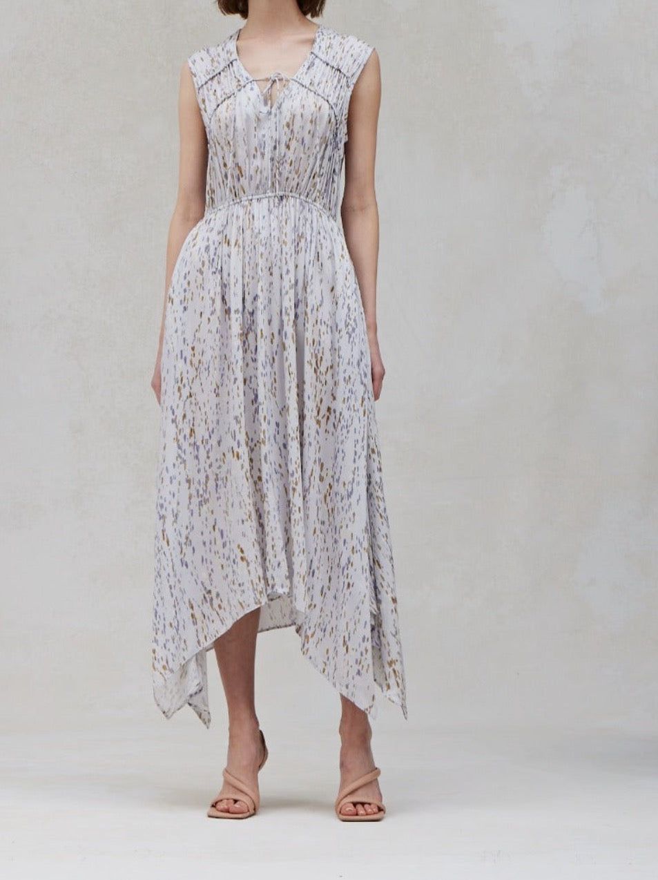 Blue Dusk sleeveless print midi dress with tie neckline, gathered bodice, and soft abstract pattern