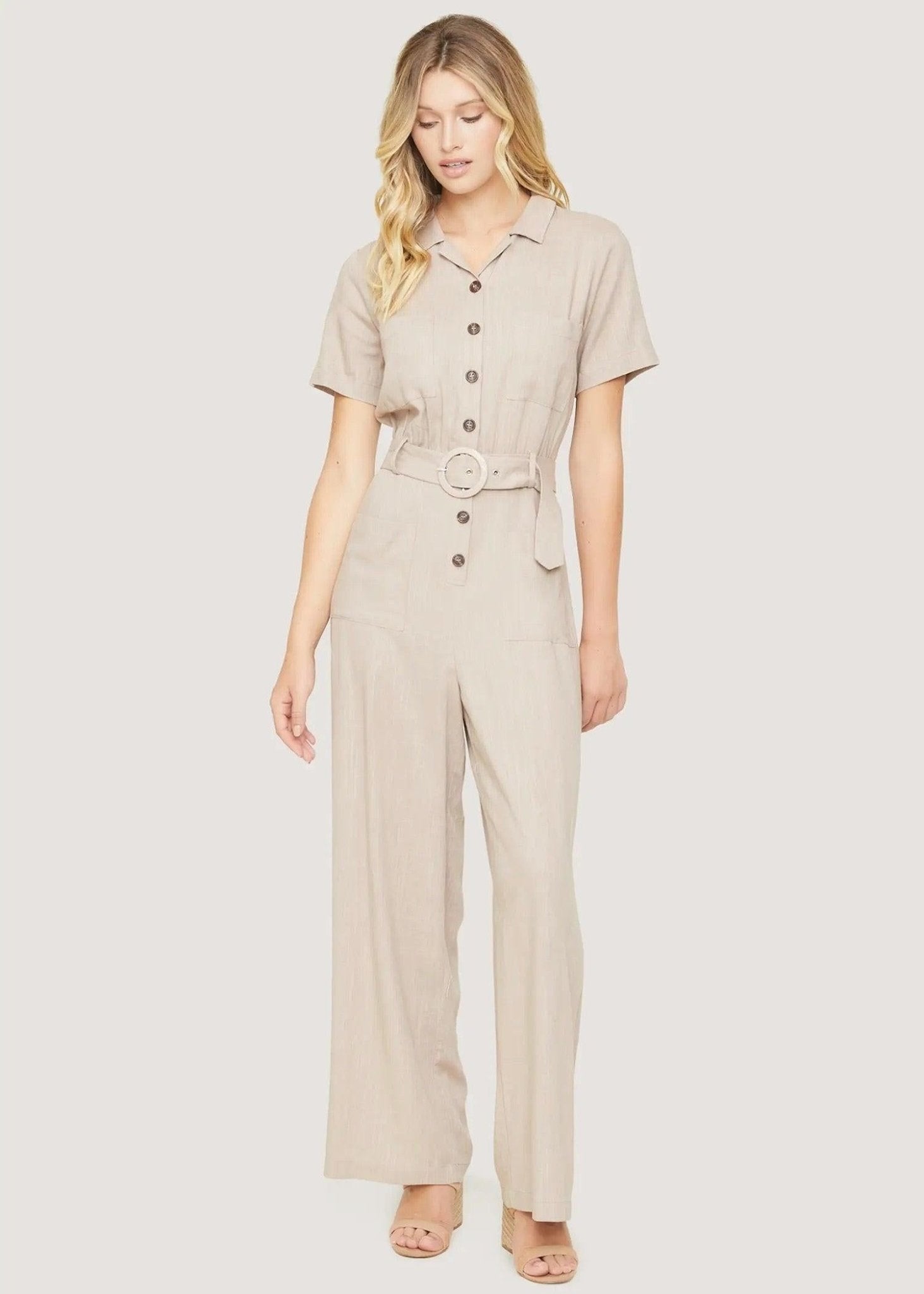 Lost + Wander Weekend Bliss almond jumpsuit with V-neckline and short sleeves